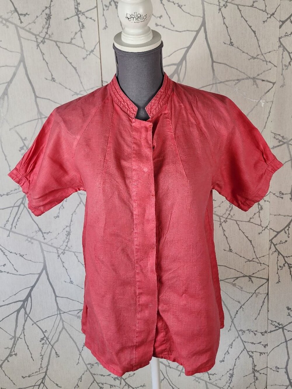 Linden Coral Pink Linen Mandarin Collar Button Up Blouse